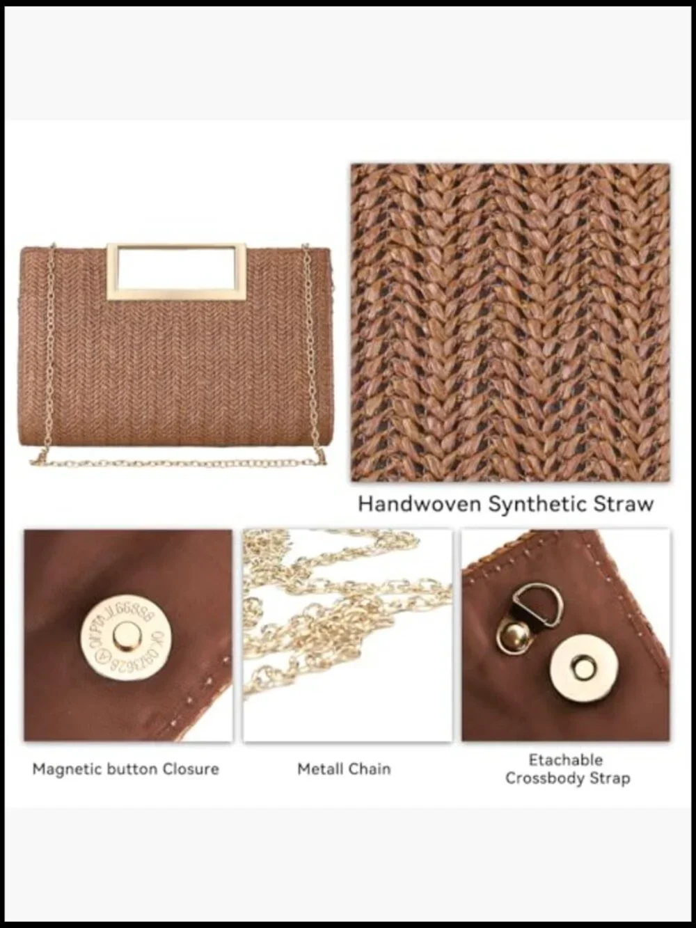 Straw Clutch Purses Summer Woven Top Handle Crossbody Beach Bag Wicker Handbag - Picture 5 of 7